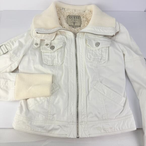 Y2K Guess White Fur Cropped Utility Moto High Neck Convertible Full Zip Jacket S - Picture 7 of 16